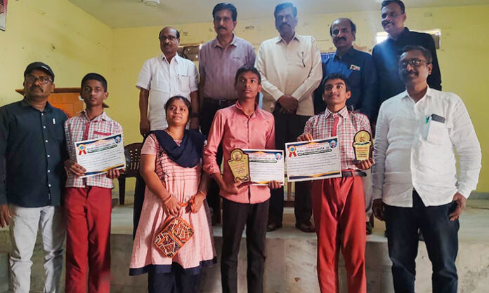 Students participating in the District Level Science Talent Test at a government school in Yadadri Bhuvanagiri district