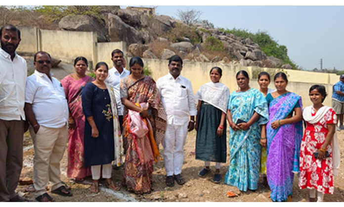 Sarpanch Pabbathi Balakrishna Goud and officials laying the foundation stone of Mahila Sangam Bhavan in Rangareddy district
