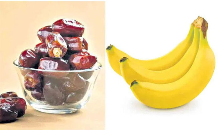 Bananas and soaked dates placed together highlighting their health benefits for digestion and energy when eaten in the morning