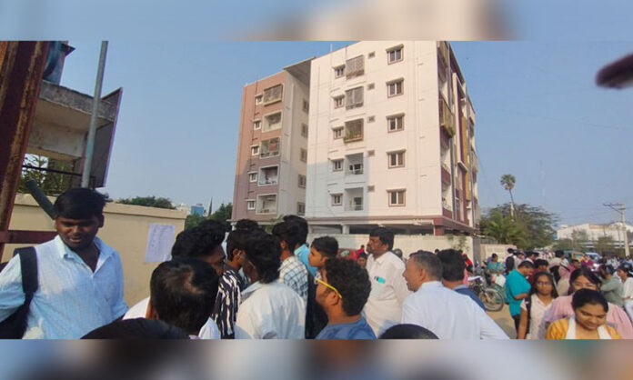 Students arriving at examination centers in Kapra and ECIL for Inter Second Year exams under police security