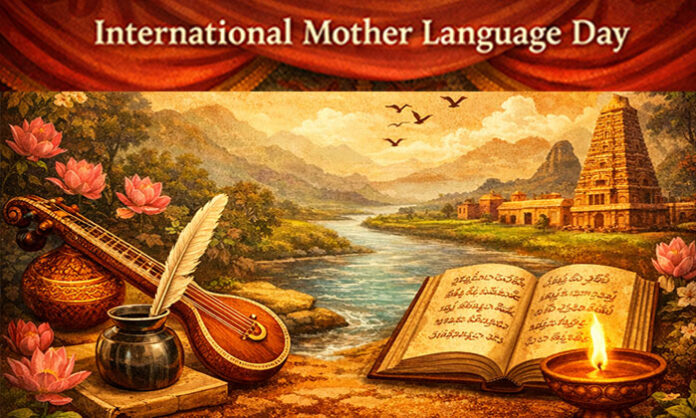 Message celebrating International Mother Language Day highlighting the beauty, pride, and importance of the Telugu language