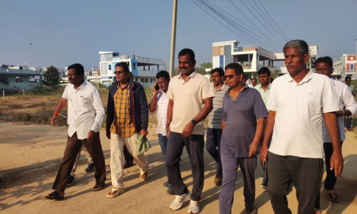 MLA Tudi Megha Reddy inspecting roads and infrastructure in Nandi Hills 30th ward of Wanaparthy during a morning walk