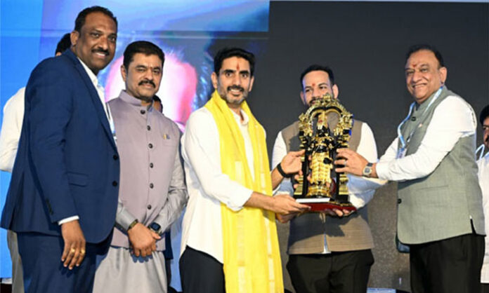 Nara Lokesh performing groundbreaking ceremony for Blue Jet Healthcare Private Limited pharma project in Anakapalle district