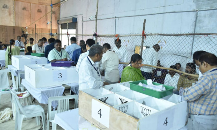 Counting of Narsampet Municipality elections underway at the Agricultural Market Yard with officials and party representatives present