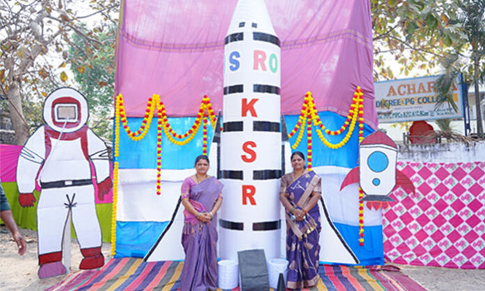 Students presenting science models during National Science Day celebrations inspired by C. V. Raman at a school event in Narsampet