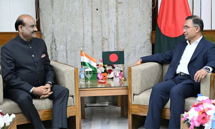 Om Birla meets Tariq Rahman and hands over a letter from Narendra Modi during the swearing-in ceremony in Bangladesh.