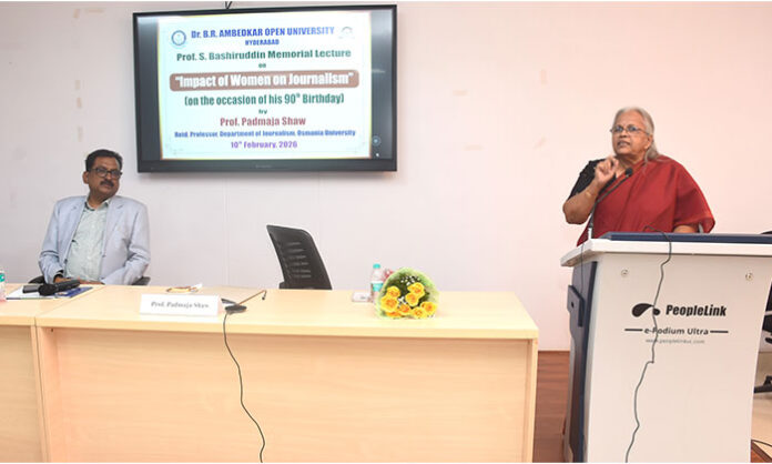 Prof Padmaja Shah addressing a memorial lecture on women’s impact on journalism at Ambedkar Varsity