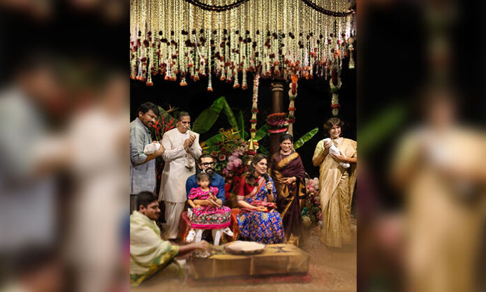 Ram Charan and Upasana Konidela with family during twins naming ceremony as Chiranjeevi holds one baby