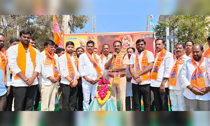 CI Prasad and community members paying tributes to Chhatrapati Shivaji Maharaj during Jayanti celebrations in Nandigama