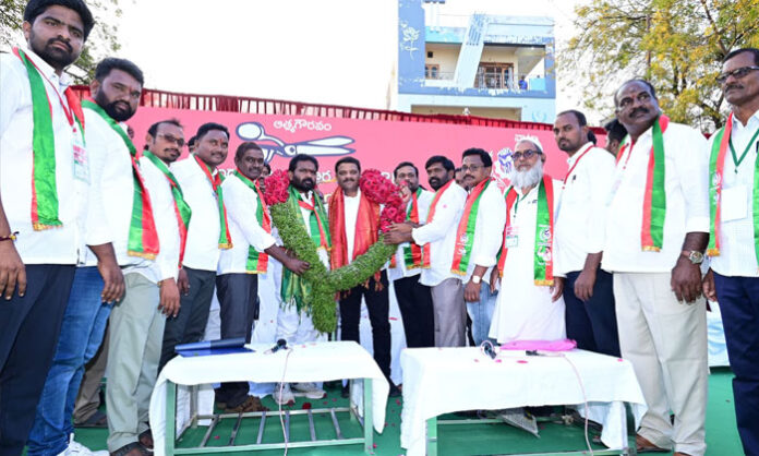 TRP Party President and MLC Teenmar Mallanna addressing a BC-focused election meeting in Suryapet district