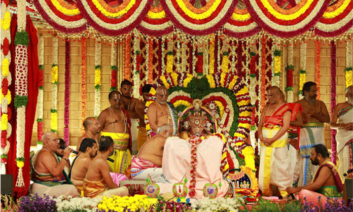 Yadadri Sri Lakshmi Narasimha Swamy Temple Thiru Kalyana Mahotsavam ceremony with priests and devotees