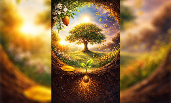 Illustration symbolizing past present and future with a flower transforming into memories