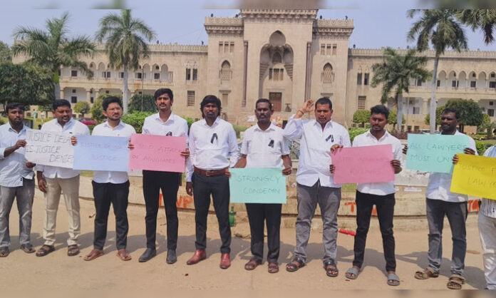 Young lawyers protesting at Arts College campus demanding Advocate Protection Act for safety and legal protection