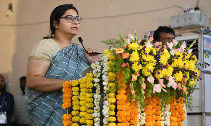 District Collector Abhilasha Abhinav with MLAs Yeleti Maheshwar Reddy, Pawar Rama Rao Patel, and Vedma Bojju Patel at the Prajapalana-Pragati awareness conference for village Sarpanches and municipal councilors in Nirmal, emphasizing public participation and 99-day development plans.