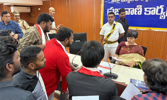 AISF leaders meeting Hyderabad District Collector Harichandana to demand the release of Rs 30 crore for the construction of Seethaphalmandi Vidya Bhavan