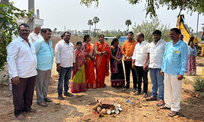 Foundation ceremony for CC road works in Mettu Hills Colony of Abdullapurmet village under IRGS grants led by Sarpanch Vijaya Sri Sailam Goud
