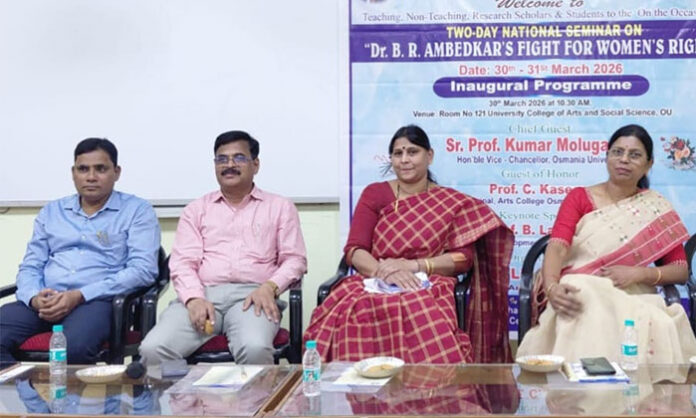 Professors and faculty members at Osmania University participating in the national seminar on Ambedkar’s contributions to women’s legal rights.
