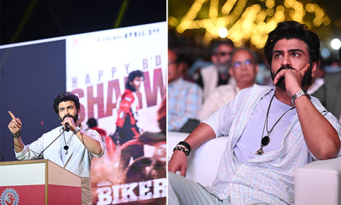 Poster of Biker showing Sharwanand in a college/road-themed setup, with Malavika Nair and Dr. Rajasekhar in pivotal roles, promoting motivation, life lessons, and a father-student bonding message.