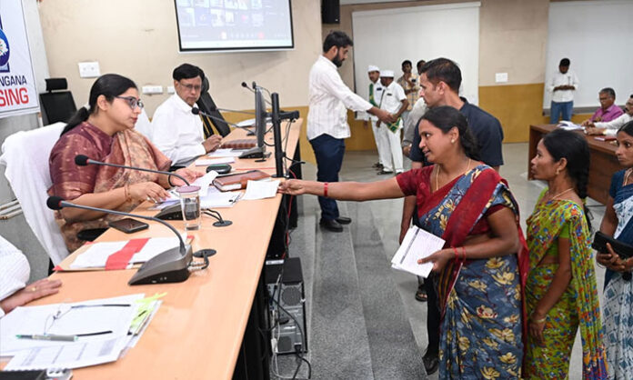 District Collector Abhilasha Abhinav reviewing public grievances at collectorate meeting