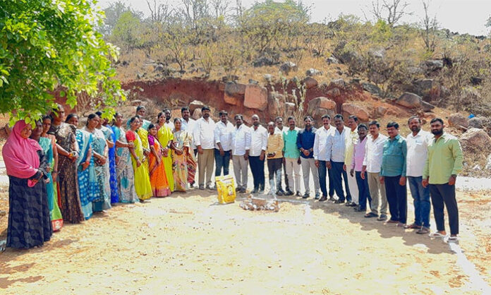 Foundation stone laid for DWCRA women’s building in BC Colony Abdullapurmet by village leaders and officials.