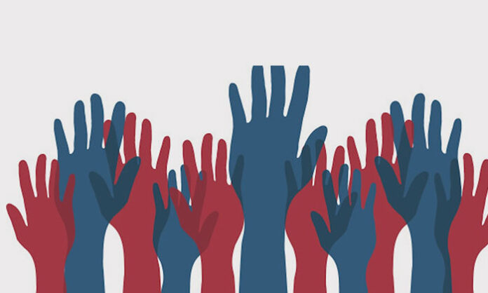 Debate between ruling party and opposition in a democracy while common people question governance and public welfare