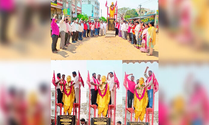 Floral tributes paid to the statue of Comrade Dharma Bhiksham on his 15th death anniversary in Abdullapurmet, Telangana, attended by CPI leaders and public dignitaries