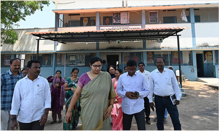 District Collector Abhilasha Abhinav inspects a government school, emphasizes improving student capabilities, midday meal quality, and school infrastructure.