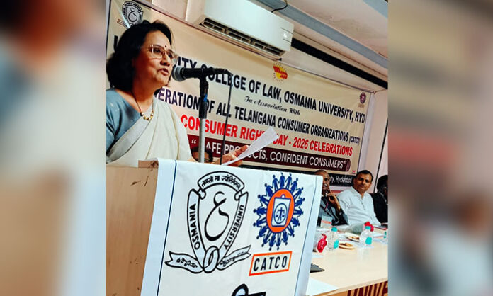 Osmania University students and faculty participating in World Consumer Rights Day celebrations focused on safe products and consumer awareness
