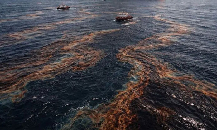 Massive oil spill spreading across the Gulf of Mexico affecting marine life including sea turtles and fish along polluted coastline