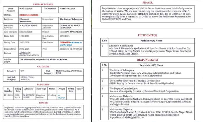 Telangana High Court disposes writ petition on illegal structures demolition