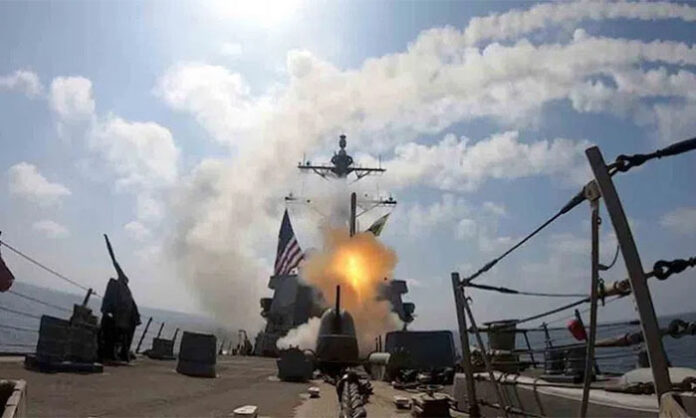 An American oil tanker on fire in the northern Persian Gulf following a missile attack by the Islamic Revolutionary Guard Corps on March 5, 2026.