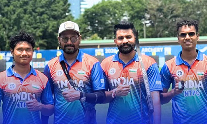 Indian archers Taniparthi Chikitha and Rajat Chauhan competing in the Asia Cup archery tournament, advancing to the finals with strong performances.