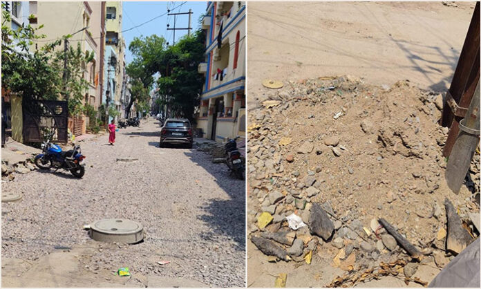 Indiranagar Colony road construction halted for three months, causing accidents, dust problems, and inconvenience for residents and motorists.