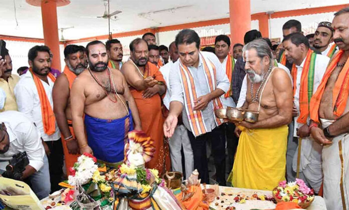 KTR attending Sri Rama Navami celebrations and participating in Sita Rama Kalyanam at Hanuman Temple in Gollapalli with a grand public