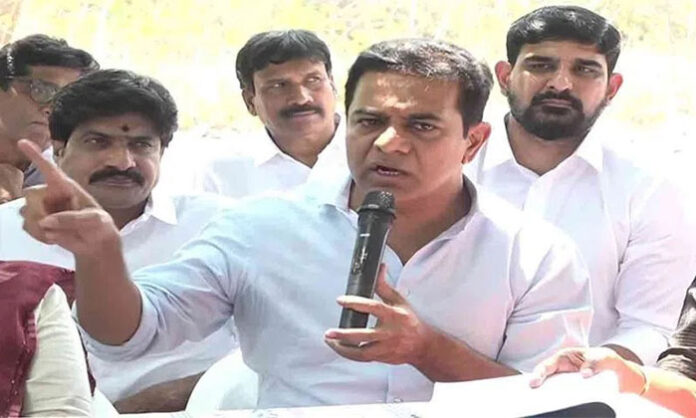 BRS leader KTR addressing media and accusing Chief Minister Revanth Reddy and Minister Ponguleti of land encroachment in Maheshwaram constituency.