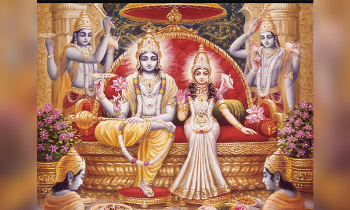 Devotional image depicting Kamada Ekadashi rituals: Lord Vishnu idol decorated with flowers and lamps, a devotee performing puja and offering Tulsi leaves during the sacred Chaitra Shukla Paksha Ekadashi fast.