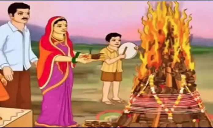 Holi eve Kamadahanam ritual with bonfire symbolizing victory of good over evil