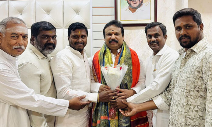 MLA Sri Ganesh receiving Ugadi greetings from leaders, party workers, and citizens at his residence in Tukaram Gate