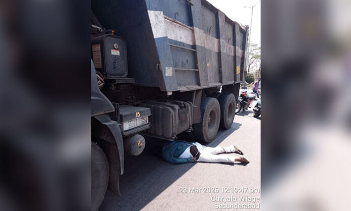 Police investigating the scene of a fatal lorry accident near Keesara Outer Ring Road where a man died on the spot.