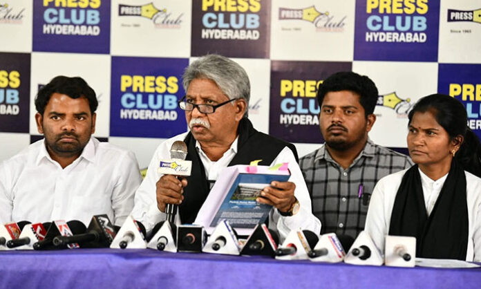 Manda Krishna Madiga speaking at Somajiguda Press Club, calling for the complete eradication of the caste system and equal rights for Dalits.