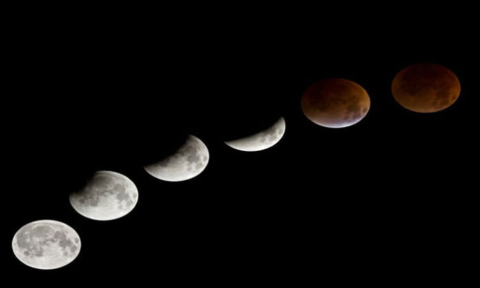 Lunar eclipse visible in the evening sky with information about timings and traditional rules to follow in India