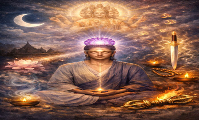 A meditative illustration representing inner consciousness, spiritual wisdom, Sahasrara Chakra activation, and devotion to the Supreme Being