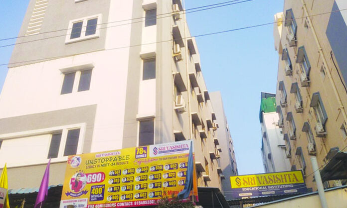 Sri Vasishta Junior College in Miyapur operating multiple unauthorized campuses, with overcrowded classrooms and inadequate safety measures, raising concerns among parents and officials