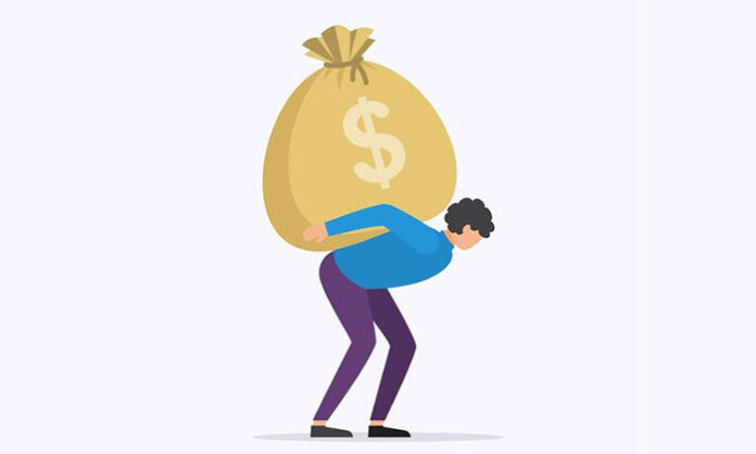 A symbolic representation of society burdened by corruption, rising prices, and political propaganda, highlighting the muted voice of citizens in modern development.