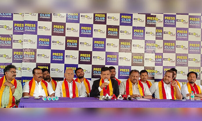 Mudiraj Coordination Committee leaders holding a press meet at Somajiguda, demanding action against officials who obstructed Chairman Borra Gnaneshwar.