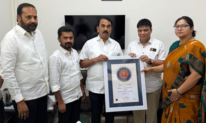 State Minister Jupally Krishna Rao meets District Collector Abhilasha Abhinav and Khanapur MLA Vedma Bojju Patel in Hyderabad to felicitate Nirmal district’s SKOCH Award achievements.