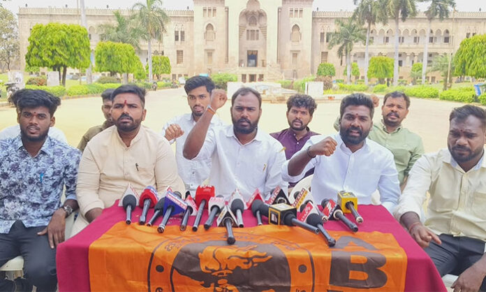 OU ABVP leaders Gelu Shekhar and Mokshith addressing media at Osmania University, demanding immediate release of pending scholarships and reforms in Telangana education sector