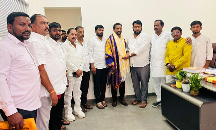 BJP leaders felicitating Medak MP Raghunandan Rao on his birthday at his Gachibowli residence.