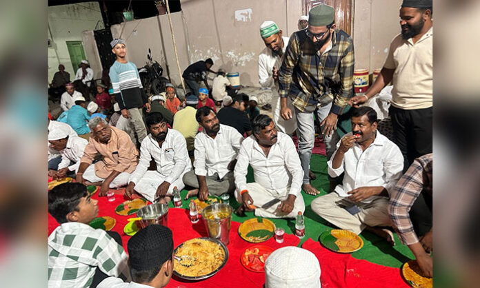 Rangareddy ZP Vice Chairman Etah Ganesh attending Ramadan Iftar feast organized in Nandigama mosque premises