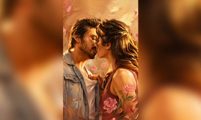 First-look poster of Sri Maha Vishnu featuring Deepak Saroj, Anaira Gupta, and Deepsika in a soft romantic oil-painting aesthetic; Telugu movie directed by Hari Haran Godhagani with music by Anup Rubens.